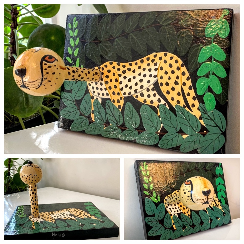 Hand painted cheetah in the jungle wood wall hook